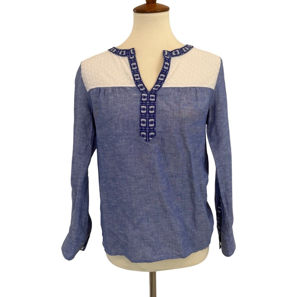 Vineyard‎ Vines Women's Blue Chambray Embroidered V-Neck Tunic Top XXS Linen
